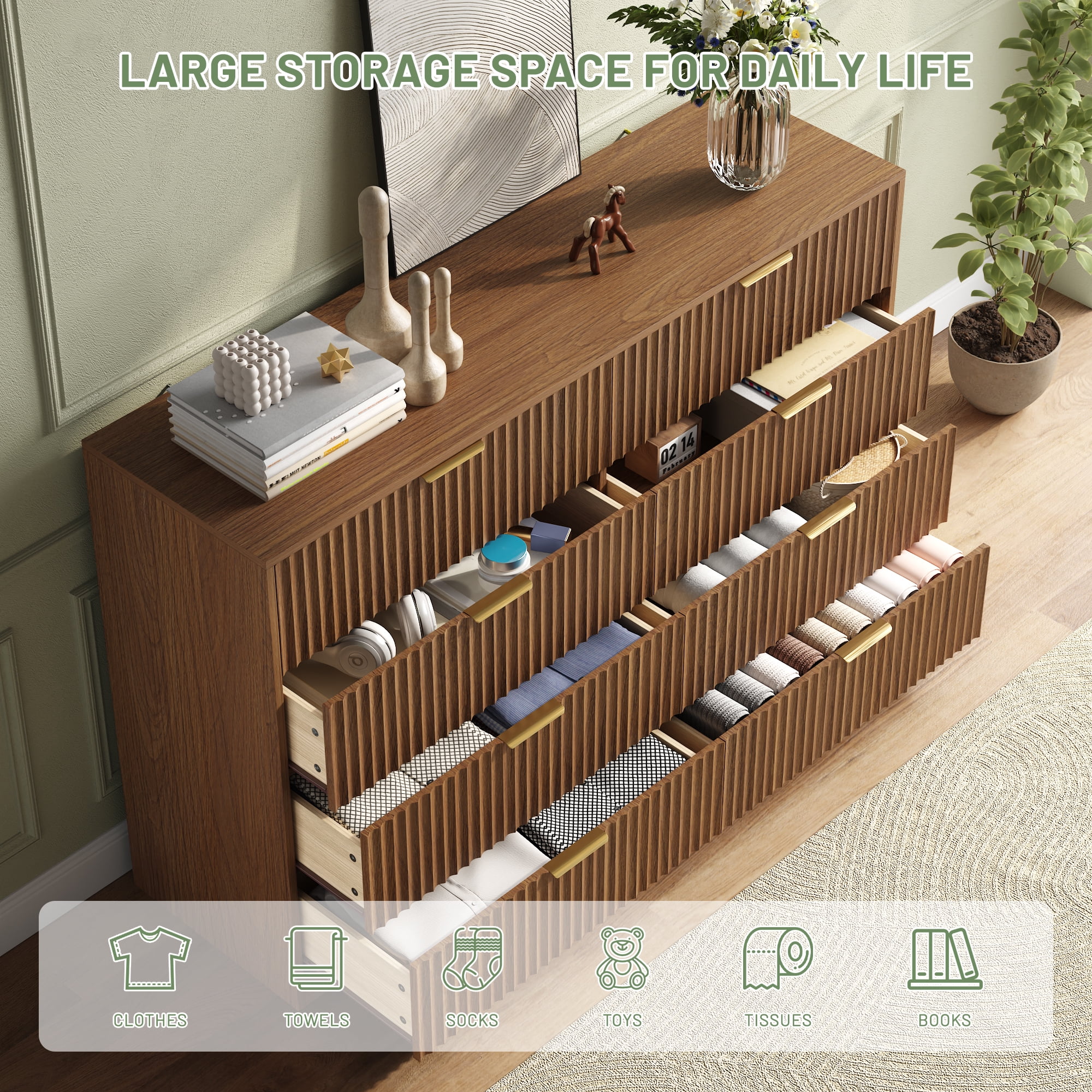 ASTUVIA 55.1" W Fluted 8 Drawer Dresser for Adult,Wooden Bedroom Dresser,Dresser TV Stand up to 65" for Living Room,Oak