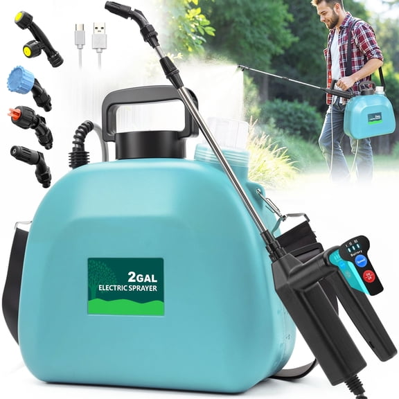 2 Gallon Battery Powered Garden Sprayer – Electric Sprayer with 3 Adjustable Speeds, Battery Indicator, 4 Nozzles & Retractable Wand for Lawn, Weed, Yard & Plant Care