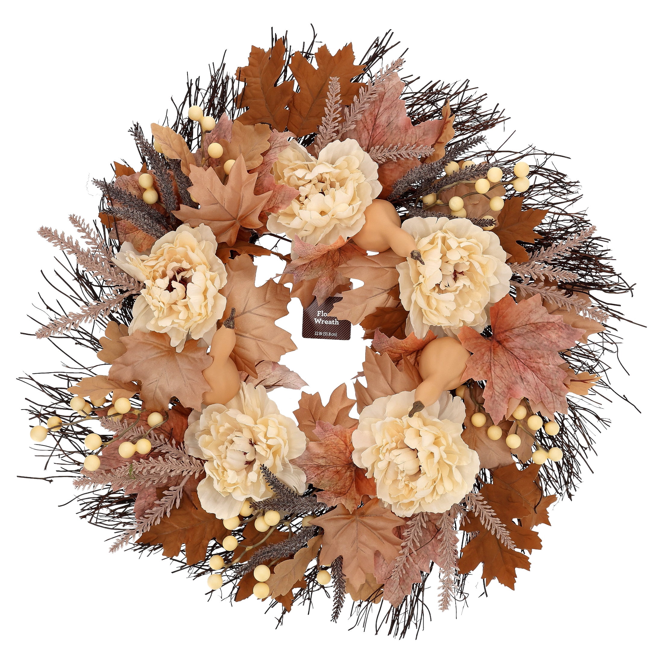 Maple Leaves and Peony Wreath, Cream and Brown, 22", Fall by Way To Celebrate