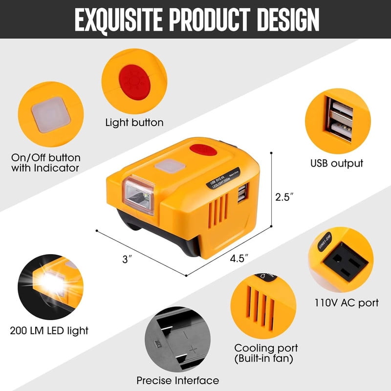 150W Power Supply Inverter for Dewalt 20V Battery, TEPULAS 120V Battery Adapter USB Phone Charger Generator for Dewalt 20V with AC Outlet & LED Light (Inverter Only)