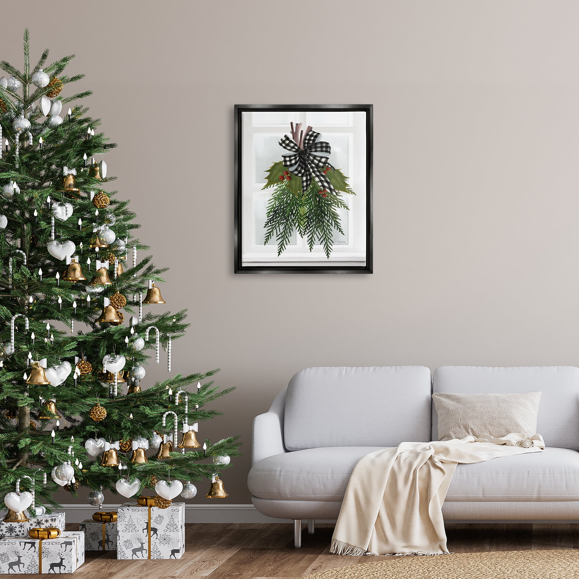 Stupell Industries Hanging Holly Botanicals Mistletoe Seasonal Winter Flowers Graphic Art Jet Black Floating Framed Canvas Print Wall Art, Design by House Fenway