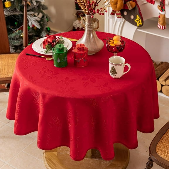 ZJQYDS Red Christmas Tablecloth, Jacquard Fabric Winter Poinsettia Round Table Cloth, Countryside Waterproof Kitchen Dining Xmas Party Table Cover (60 Inch Round)
