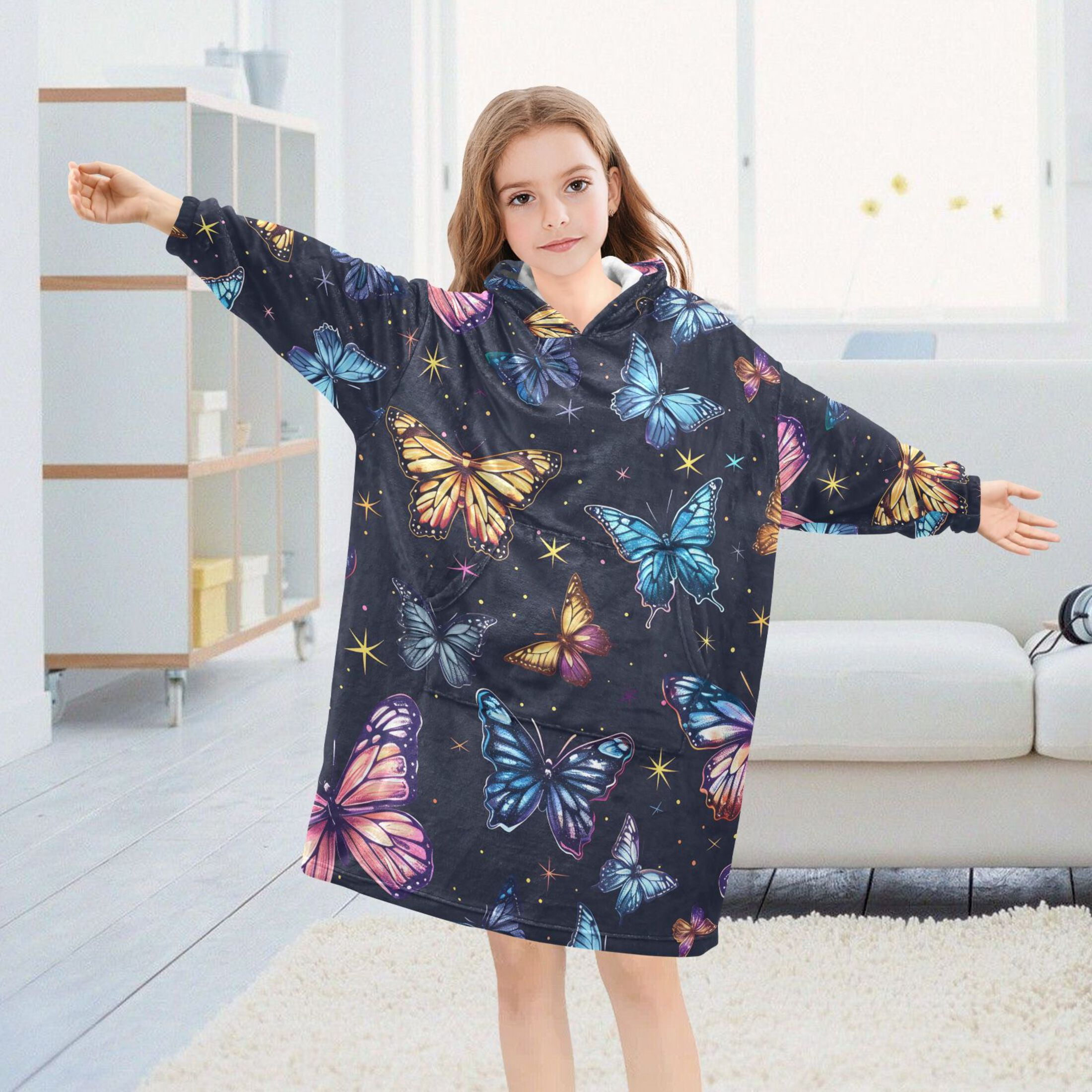 Dailycode Wearable Blanket Hoodie Oversized Sherpa Flannel Blankets with Pocket for 3-14 Year Old Beautiful Butterflies and Star