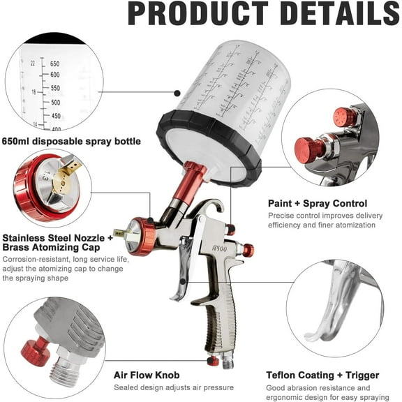 R500 LVLP Spray Gun - 1.3/1.7/2.0mm Nozzles, 650ml Mixing Cup, 10 Disposable Cups, for Automotive, Furniture, and Home Painting