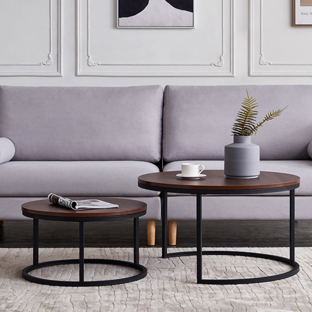 Private Jungle Round Nesting Coffee Table Set of 2 Modern Accent Coffee Table with Walnut Wooden Top and Black Metal Frame-31.5" Private Jungle Round Nesting Coffee Table Set of 2 Modern Accent Coffee Table with Walnut Wooden Top and Black Metal Frame-31.5"