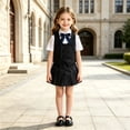 thumbnail image 4 of WAYUTE Girls 3 Piece School Uniform Outfit Sleeveless Button Front Vest and Pleated Skirt with Bow Tie Kids Formal Clothes Sets Casual Outdoor,Black,Size 5-6 Y, 4 of 5