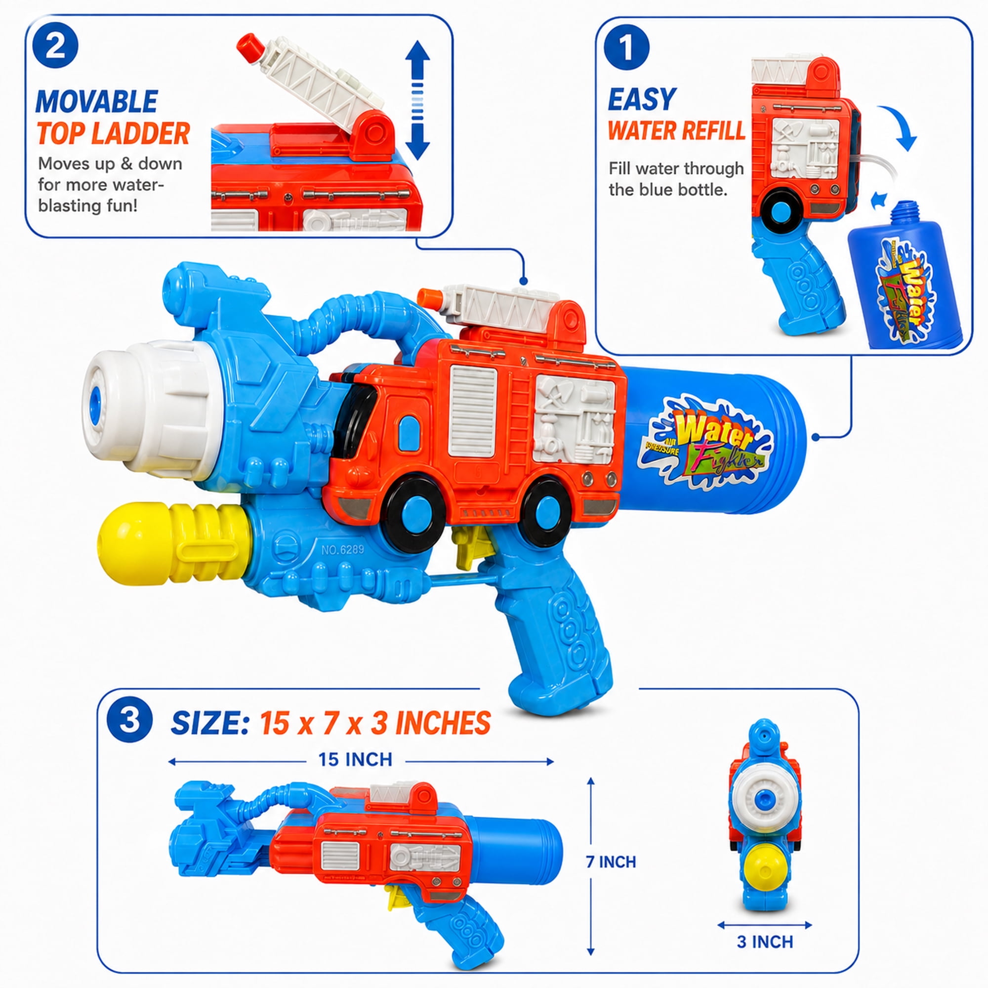 2-Pack Firetruck Water Blaster Outdoor Toys, 15 Inch Pump Action Water Spray Toy Set with Refillable Bottles, Tube Connection and Movable Ladder for Kids Summer Play