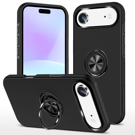 for iPhone Air Case with Ring Stand, 360° Rotatable Ring Holder Magnetic Kickstand, 2-Layer Heavy Duty Shockproof Rugged Hybrid Hard PC Soft Rubber Case for iPhone Air, Black