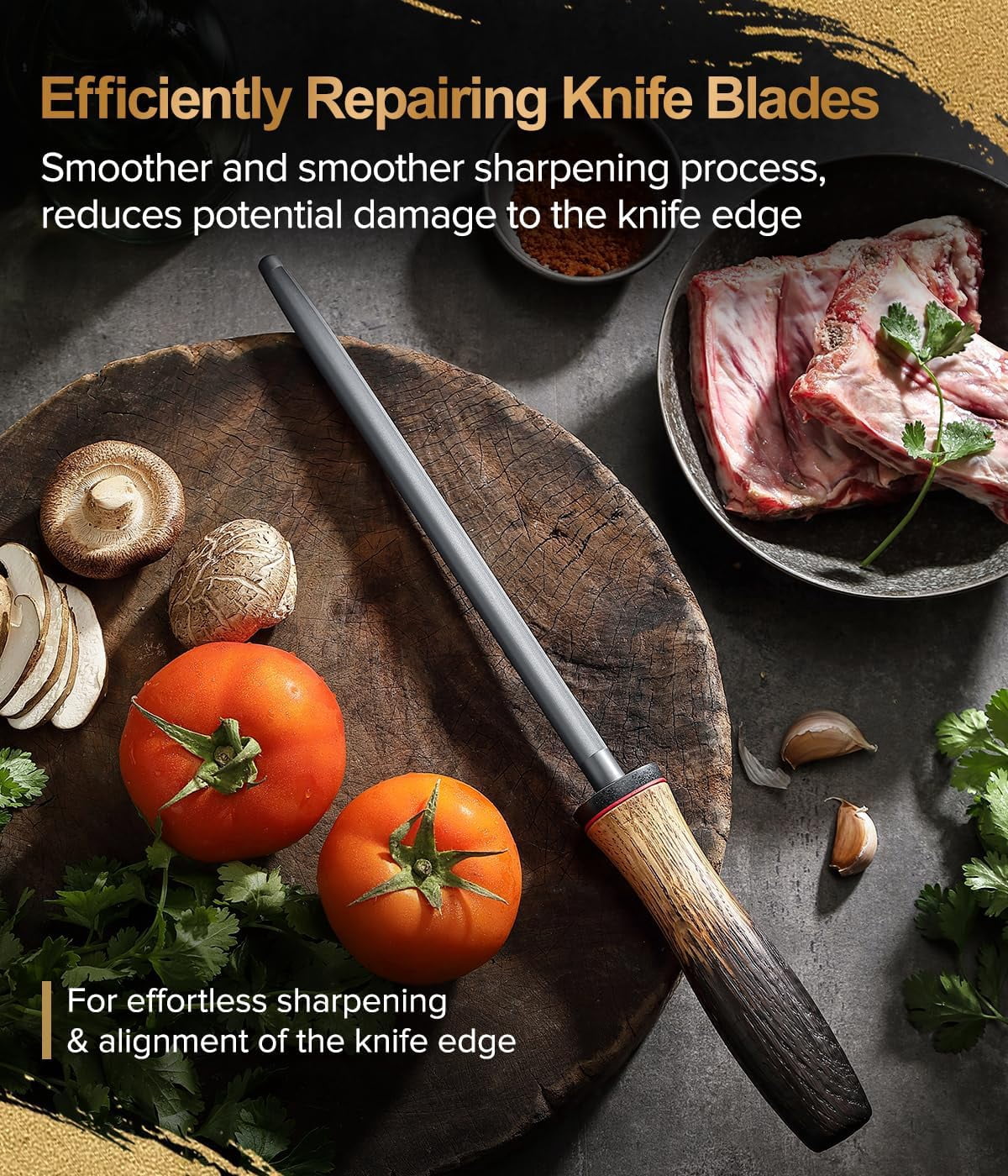 9.1 Inch Knife Sharpener Rod, High-Carbon Steel Hard  Plating Honing Rod For Various Kitchen Knives Grinding, Pruning Shears With White Oak + Red G10 Gasket Handle