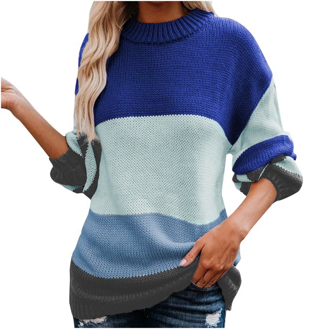 IROINID Women's Round Neckline Pullover Sweater Contrast Color Casual Mid-Length Long Sleeve Patchwork Thick Knit Sweater Coat