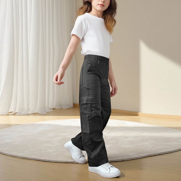 WMTBSRSW Girls Cargo Pants High Waisted Straight Leg Hiking Pants Solid Workout Full Length Trousers with Pockets 140