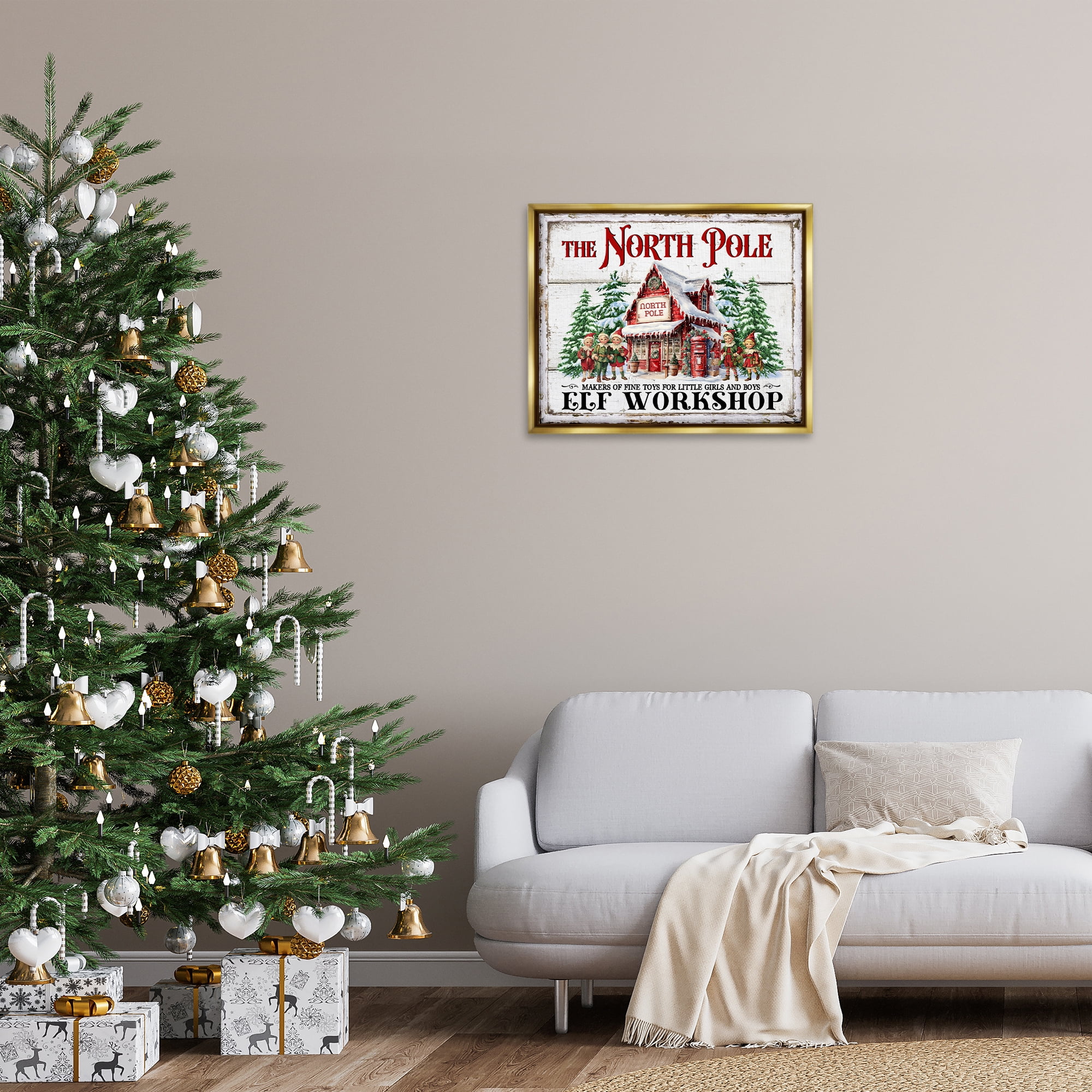 Stupell Industries North Pole Workshop Holiday Painting Gold Floater Framed Canvas Art Prints Wall Art, 31 x 25