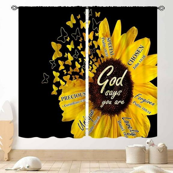 Sunflower Curtains, Rustic Black Yellow Flower Counrtry Farmhouse Style Positive Quote Sunflower Printed Window Drape Treatments for Kitchen Bedroom Living Room 2 Panels, 42"x63" Inch