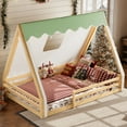 thumbnail image 2 of [Luckynote]Full Size House Floor Bed with Tent and Light, Solid Wood Teepee Floor Bed with Full-length Guardrails, Montessori and Childlike Design,Natural+Green, 2 of 14