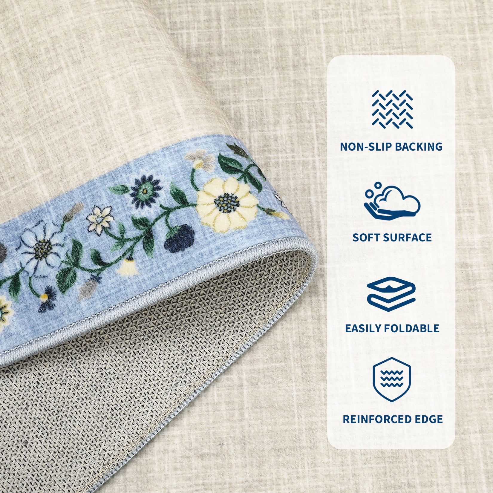 Washable Area Rug 8x10 – Farmhouse Floral Non-Slip Carpet for Living Room, Low Pile Indoor Mat with TPR Backing, Foldable Rug for Home Office, Beige
