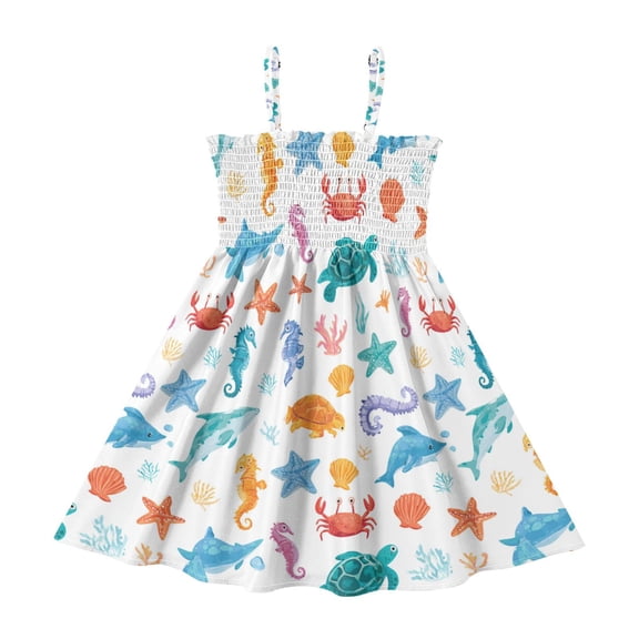 Little Girls Sleeveless Sundress Pleated Ruffle Trim Smocked Top Casual Spaghetti Strap Summer Dress Playful Sea Animals Pattern 2Y