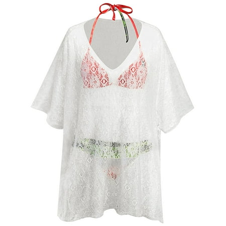 Swim Cover ups Women Lace Crochet Bikini Beachwear V-neck Hollow Out Loose Batwing Sleeve Beach Tops Summer Bathing Suit