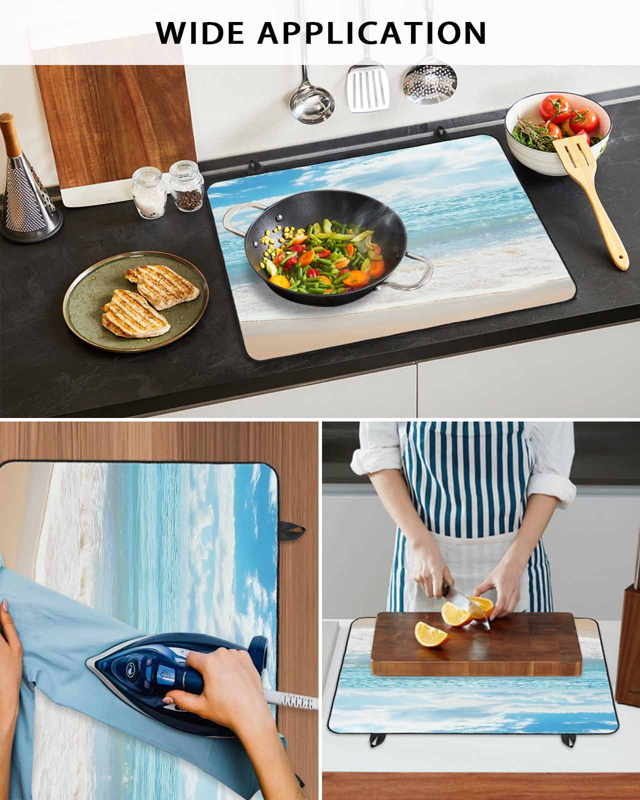 nqOlkjepod Large Induction Cooktop Protector Mat 24"x21", Summer Beach Stove Top Covers for Electric Stove, Ocean Waves Coastal Blue Decorative Stove Burner Cover Mats, Glass Top Stove Cover
