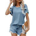 thumbnail image 1 of Blusas Verano para Mujer con Mangas Pétalos, Camisetas Encaje Crochet con Cuello Redondo, Camisetas Casuales Holgadas Color Sólido, Camisetas Básicas Tipo Túnica. Azul Gris M, 1 of 10