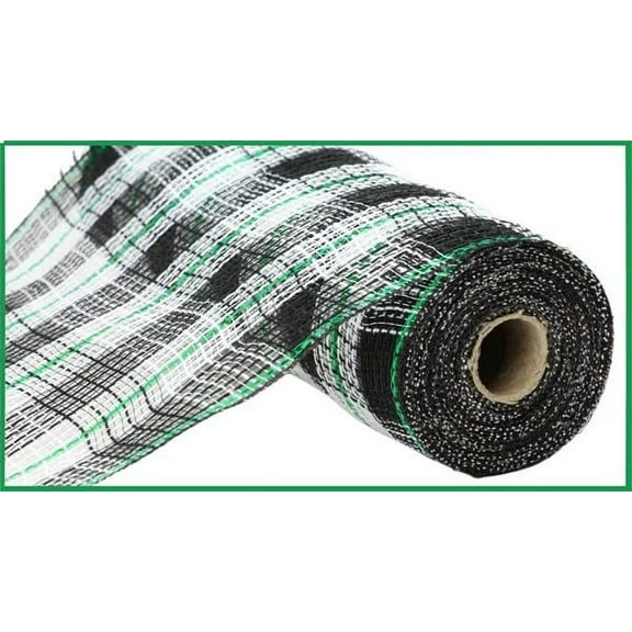 Faux Jute Check Foil Plaid Mesh Ribbon (Christmas Black, White, Emerald Green) - 10 inch x 10 Yards (30 feet)