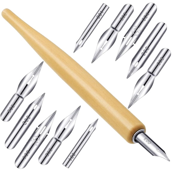 11 Pieces Comic Pen Nib Set, G-Pen Ink Nib Stainless Steel Drawing Comic Pen Nib Calligraphy Nibs with Wooden Comic Pen Nib Holder for Writing, Painting, Signing(White)