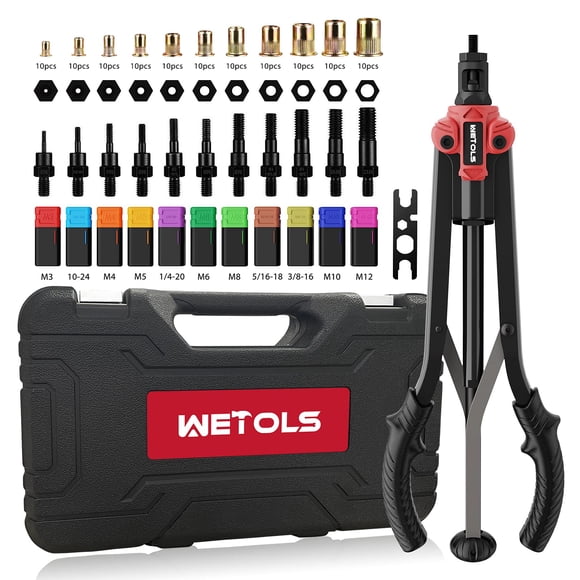 Wetols 17" Rivet Nut Tool, Hand Rivet Tool Kit With 11 Metric & Sae Mandrels M3 M4 M5 M6 M8 M10 M12, 10-24, 1/4-20, 5/16-18, 3/8-16, 110Pcs Rivnuts, Sturdy Case Packed, Auto Release Nut Design, We-896
