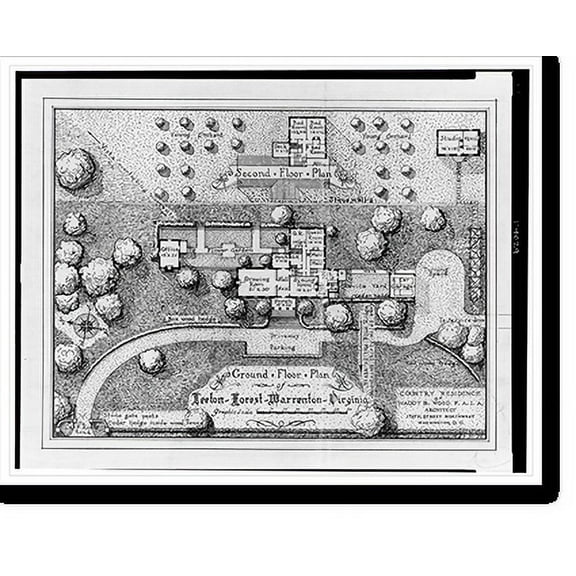 Historic Print, [House (country residence, Leeton Forest" ) for Lindsay L. Wood, Warrenton, Virginia. Site plan with landscape, ground & second floor]", 16" x 20"