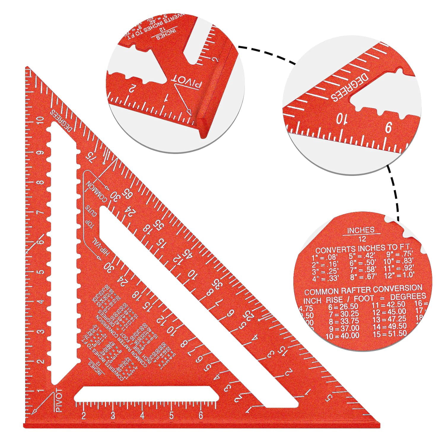 1 Piece 12 Inch Aluminum Alloy Triangular Ruler, Imperial Protractor for Woodworking, Red