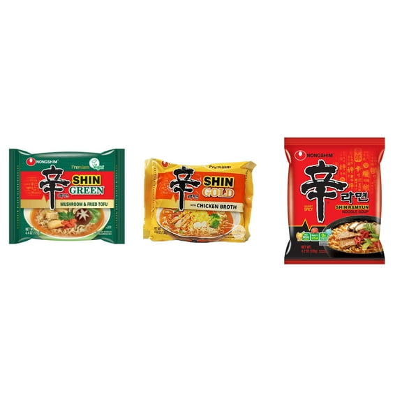 3 Pack Korean NongShim Gourmet Spicy Shin Instant Ramen Noodle, 3 Flavors(shin Green,shin gold ,shin red) Plus NineChef Brand Long Handle Coffee Spoon