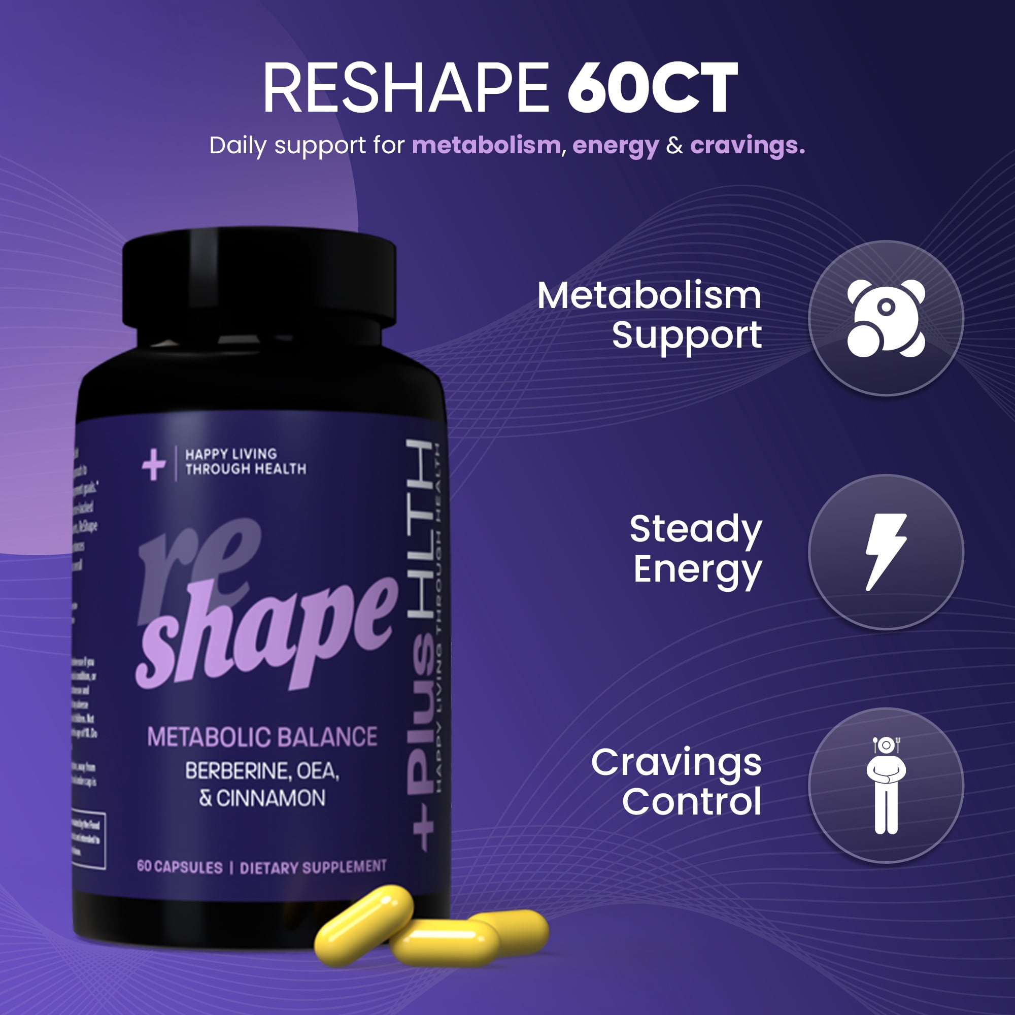PlusHLTH Reshape Capsules with Berberine, Cinnamon, and OEA for Metabolic Balance 60 capsules