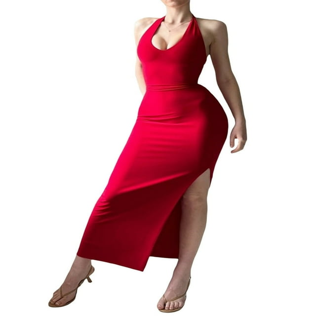 Robe de Soirée Sans Manches à Col Licou Haut Fendue pour Femmes pour l'Été