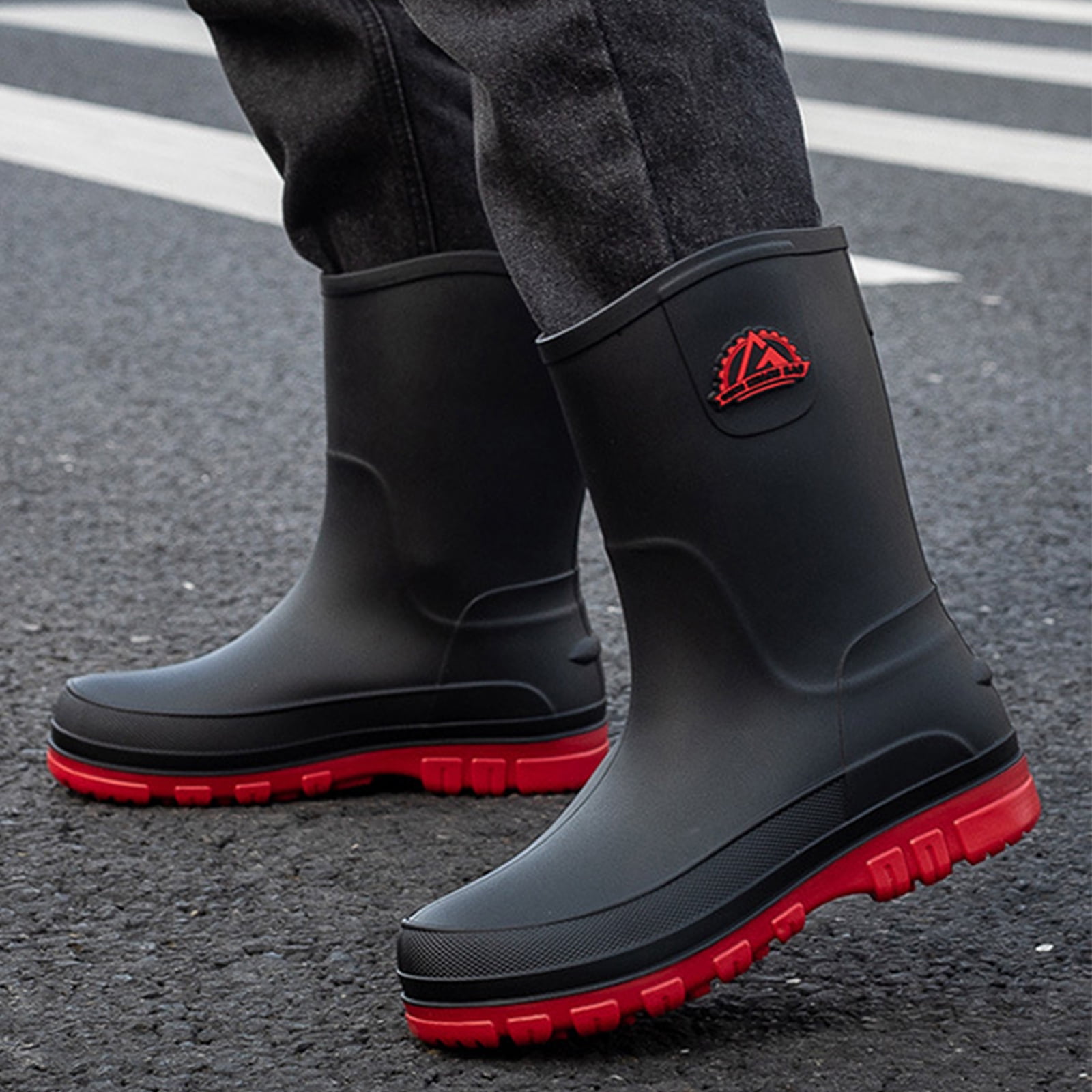 Liyufly Rain Boots for Men, Non-Slip Waterproof Rubber Boots Outdoor Garden Mid Calf Muck Work Shoes Rainboots for Fishing Climbing, Black & Red, Size 10.5