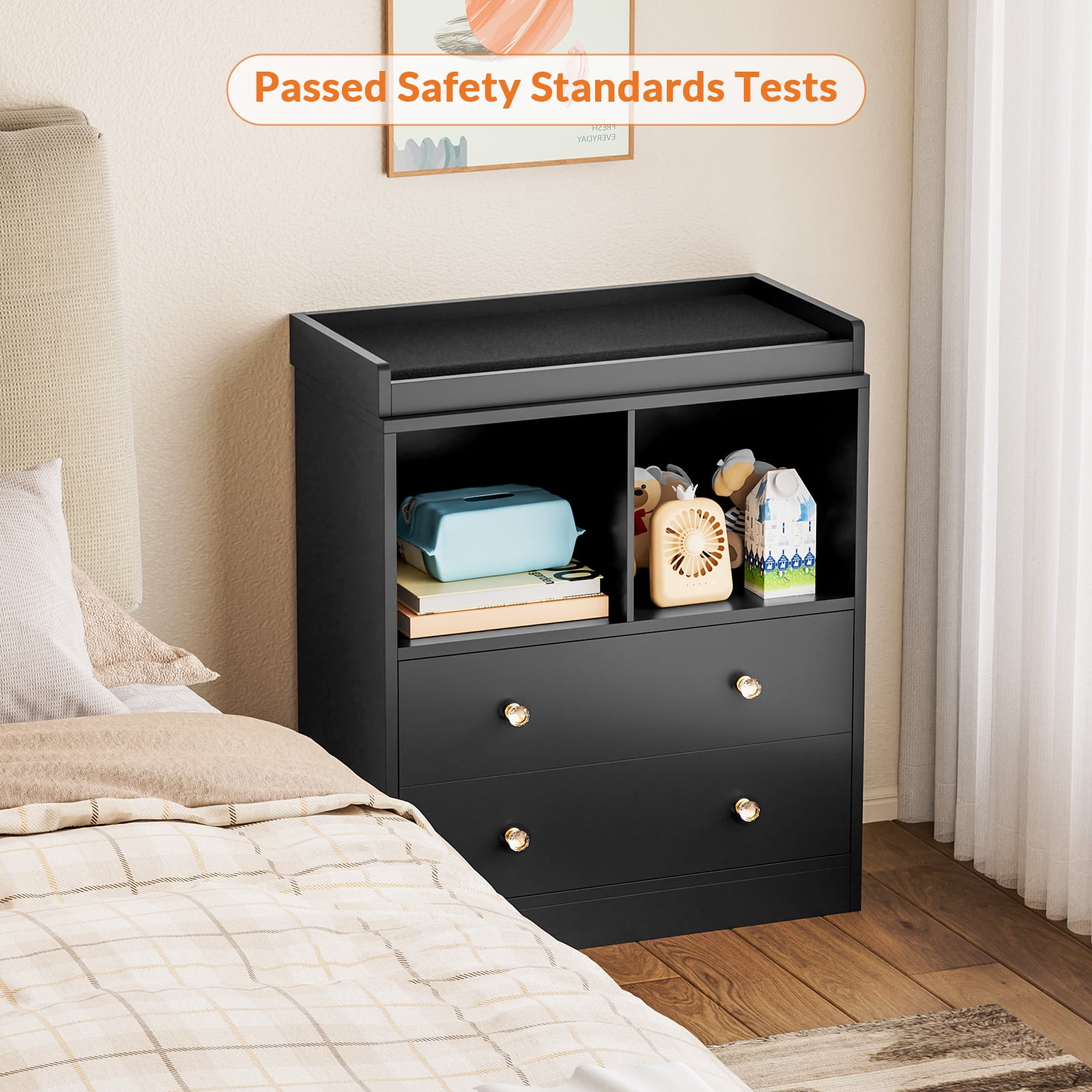 Roromall Changing Table with Pad, 2 Drawers and 2 Open Compartments for Nursery Room with Modern Diaper Changing Station, Bedroom