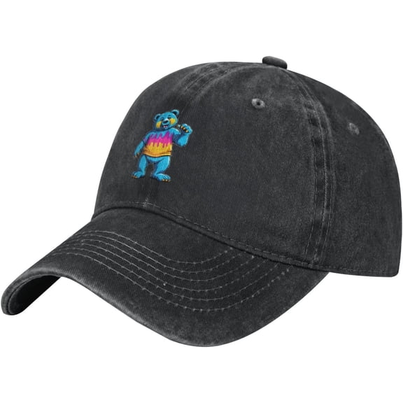 Black Colorful Graffiti Bear Printing Washed Cowboy Baseball Cap for Adults - Stylish and Breathable Hat