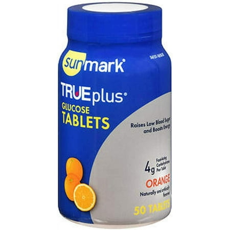 Sunmark TRUEplus Glucose Tablets Orange 50 Ct | Glucose Tablets for Low Blood Sugar | Fat-, Gluten-, Caffeine-Free | Diabetic Supplies | Glucose Tabs | Sugar Pills for Diabetics | Hypoglycemia Snacks