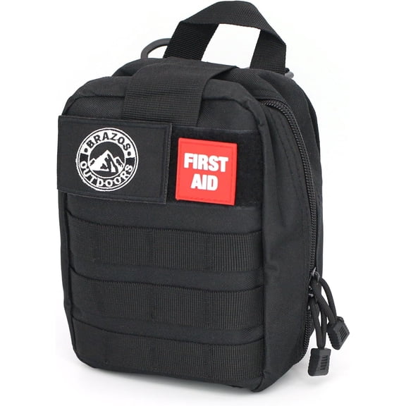 The Brazos First Aid Survival Kit, 250 Pieces, Hiking & Camping Essentials, Survival Gear and First Aid Combo for Emergency Preparedness, Lightweight, Portable, Tactical Clips & Closures, Black