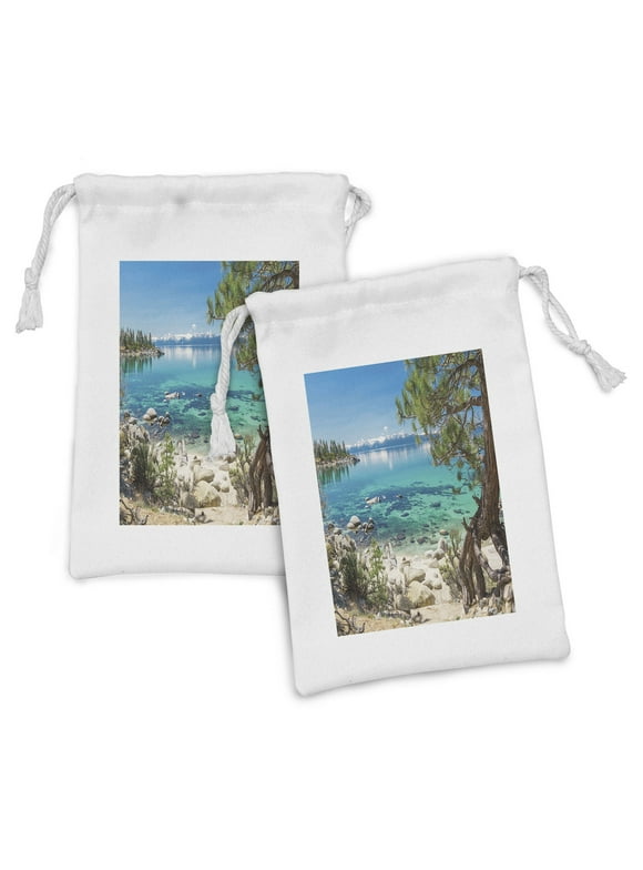 Nature Fabric Pouch Set of 2, Lake Tahoe Snowy Mountain Reflection on Clear Water Rocky Shore View, Drawstring Bag for Toiletries Masks and Favors, 9" x 6", Pale Blue Green Eggshell, by Ambesonne