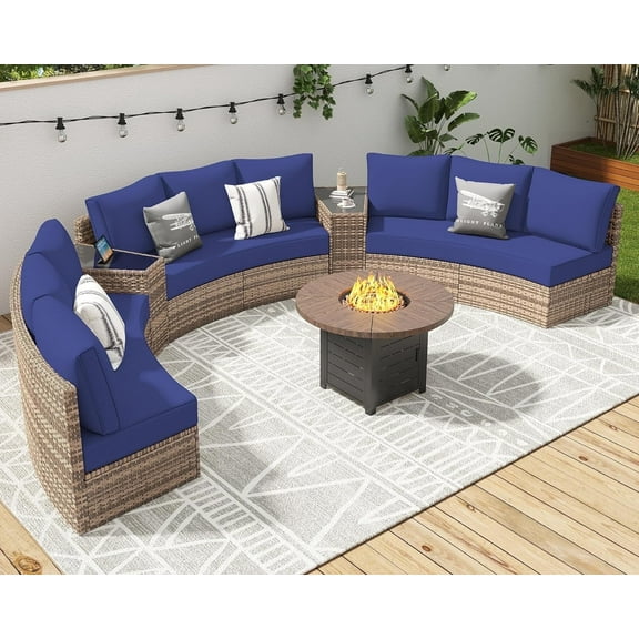 Jocisland Patio Furniture Sets, 11 Piece Half-Moon Sectional Round Sofa Set, Outdoor Patio Furniture with Cushions & Wedge Table for Beach, Pool, Balcony, Blue