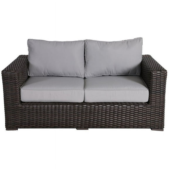 Santa Monica Loveseat in Tan Fabric Espresso Brown Frame/Gray Cushion