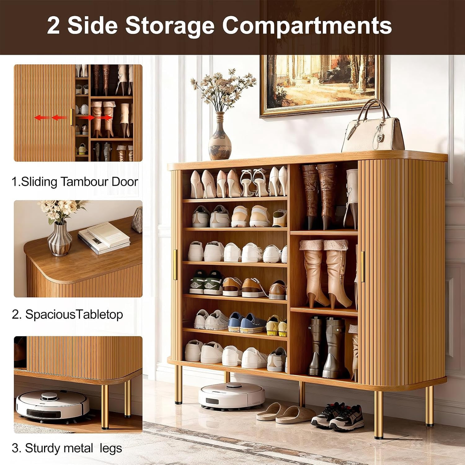 Shoe Storage Cabinet with Sliding Door, 6-Tier Shoe Cabinet with Adjustable Shelves, Mid-Century Modern Freestanding Shoe Storage Organizer for Entryway, Hallway, Living Room (Yellow)