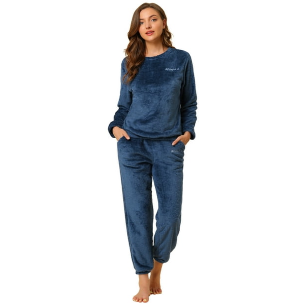 Conjuntos de pijama de traje de noche de cuello redondo de felpa cálida y suave para mujer Azul M