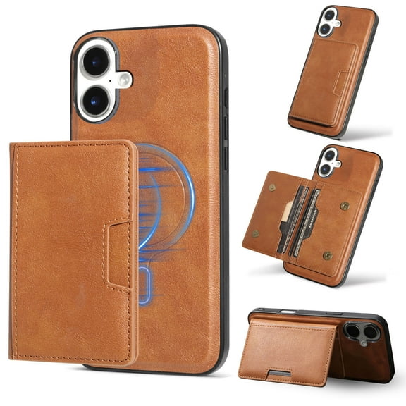 2 In 1 Case for iPhone 16 with Kickstand, Detachable Magnetic PU Leather Wallet Case with Card Holder Slots Kickstand Protective Phone Cover Men Women for iPhone 16 - Brown