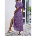thumbnail image 2 of Purple Floral Wrap Maxi Dress With V-Neck Short Sleeves Belted Waist Flared Hem, 2 of 7