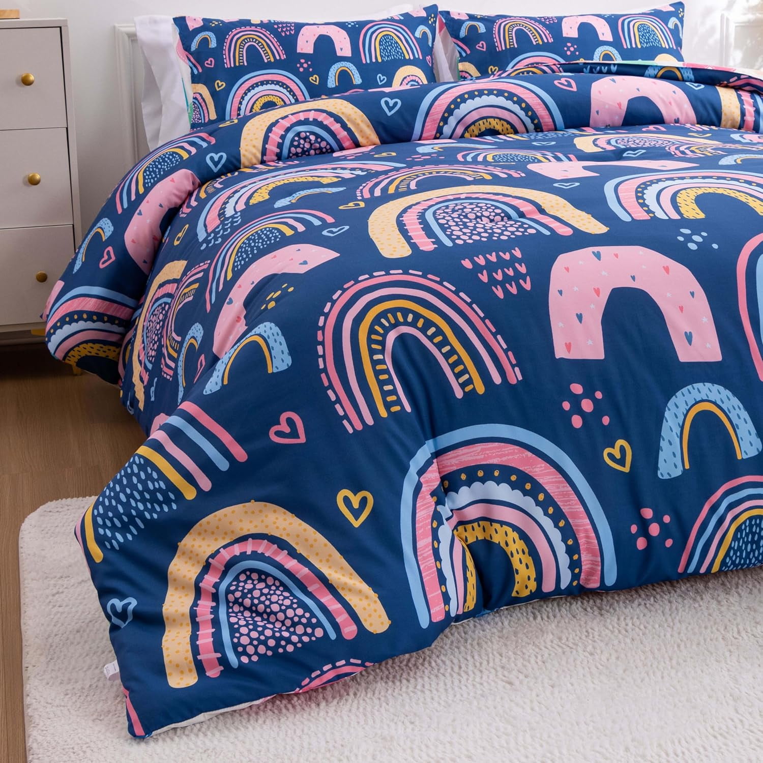 3 Piece Rainbow Comforter Set Cartoon Love Hearts Suns and Stars Bedding Set for Girls Boys Kids, Queen Dark Blue