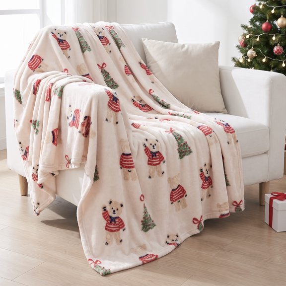 Gogreen Christmas Flannel Throw Blanket, 50"x60" 300GSM Soft Microfiber Cozy Fleece Blanket for Couch Bed, Holiday Decor - Christmas Cartoon Plaid