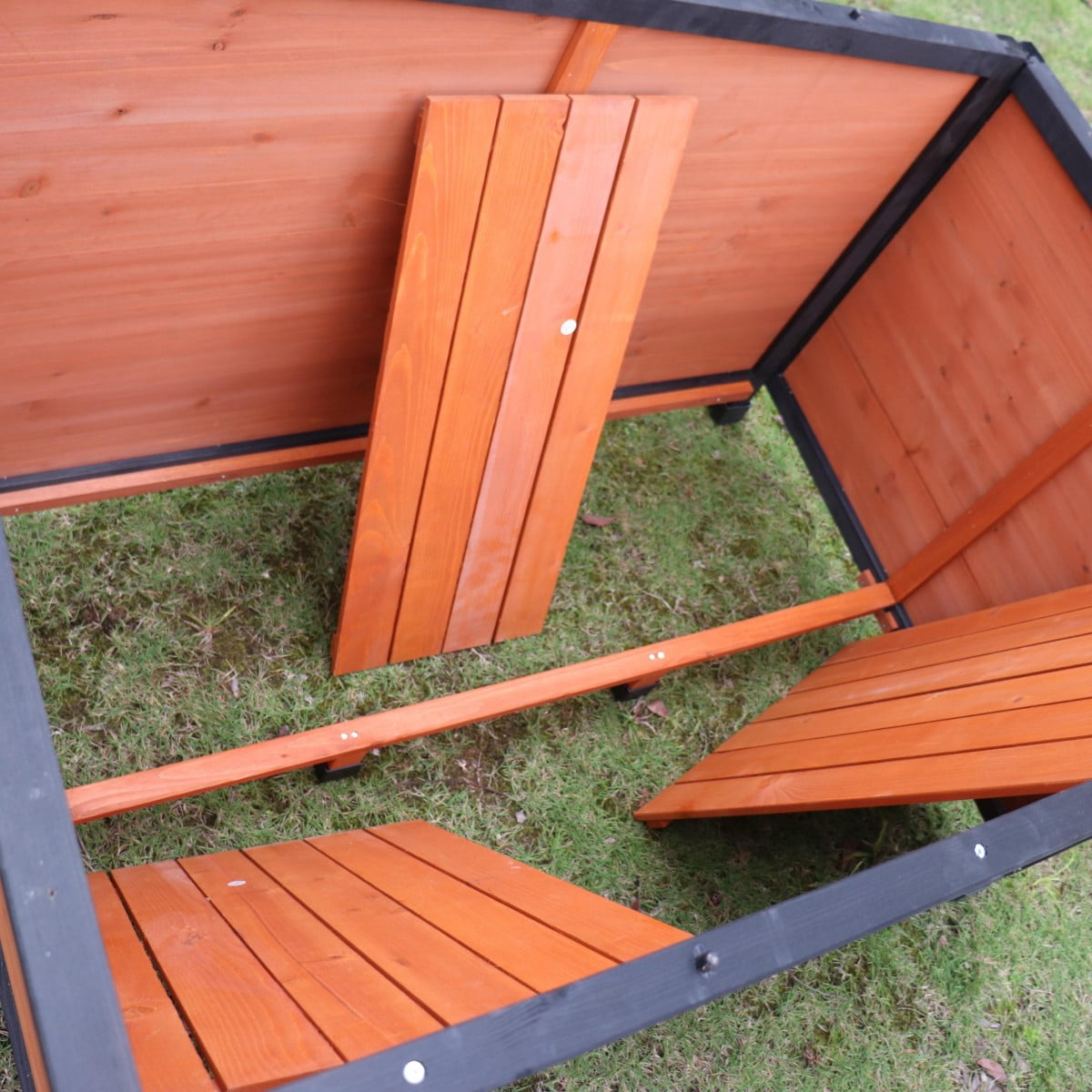 TOPCOMFY Wooden Dog House Outdoor Indoor Raised Floor Weatherproof Dog Kennel with PVC Roof for Large Dogs Gold Red Black
