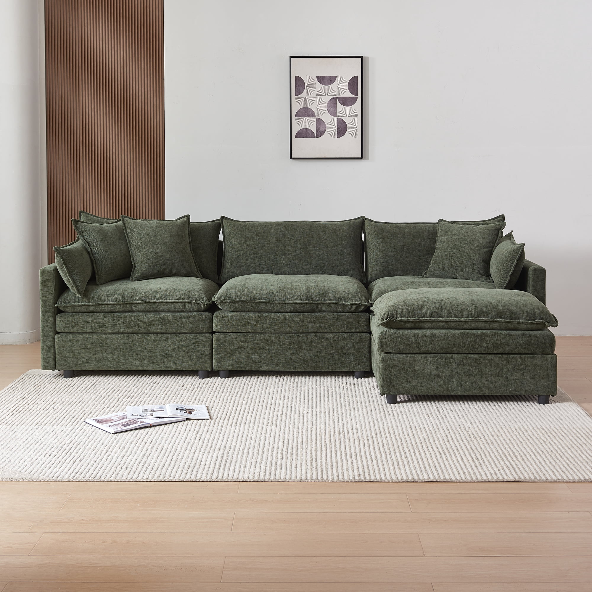 MAYEERTY Modular L-Shaped Sectional Sofa with Ottoman, Chenille Fabric Sofa Couch, Comfy Upholstered Furniture for Living Room，Green