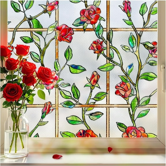 17.5" X 39.4" Stained Glass Window Film, Window Privacy Film Frosted Faux 3D Floral Decorative Static Cling Heat Blocking Window Tint, Rose