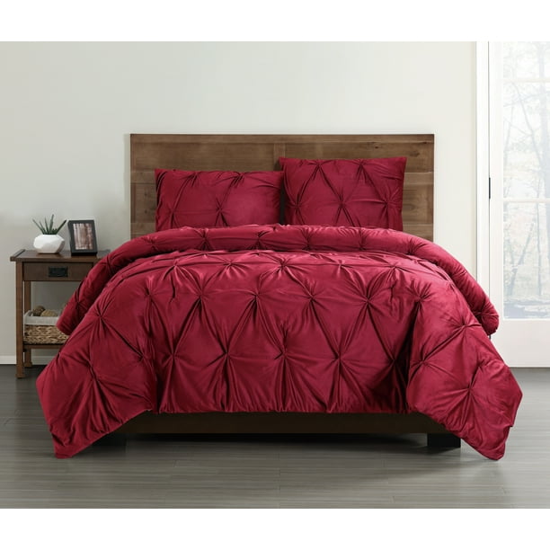 Truly Soft Everyday Pleated Velvet Duvet Sets Red King Duvet Set