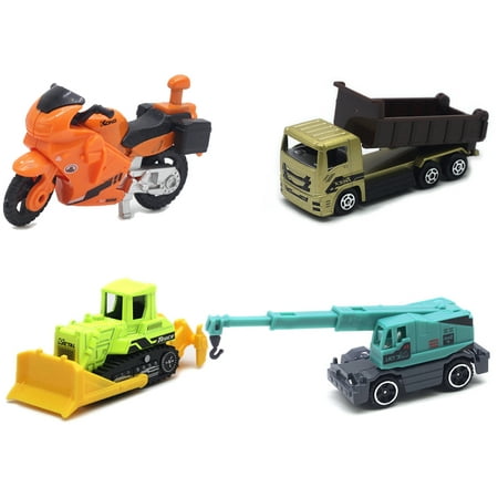 HEVIRGO 4Pcs/Set Engineering Trunk Toys Simulation Cranes Forklift Cargo  Truck Diecast Alloy Vehicle Toy 1:64 Scale Engineering Vehicle Aircraft  Motorcycle Models Set Christmas Gift 
